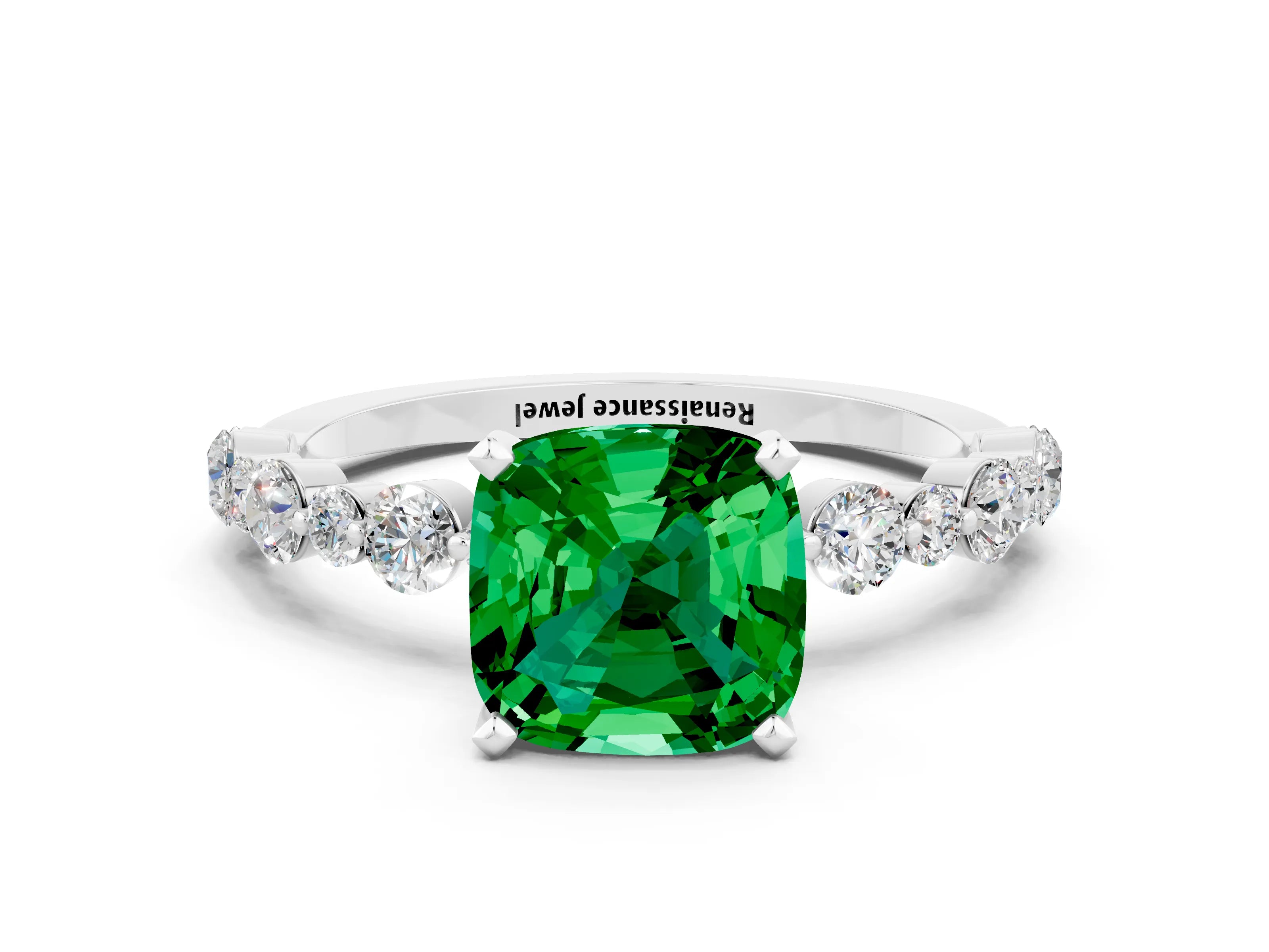 White gold Cushion Cut Emerald Prong Set Engagement Ring with Pavé Band