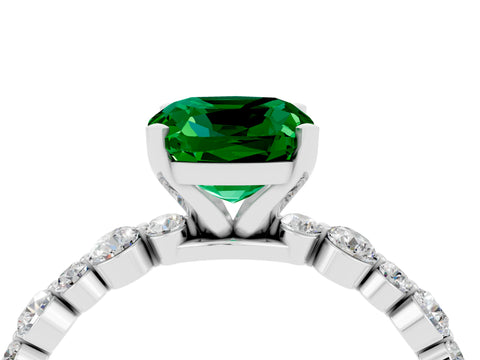 White gold Cushion Cut Emerald Prong Set Engagement Ring with Pavé Band_4
