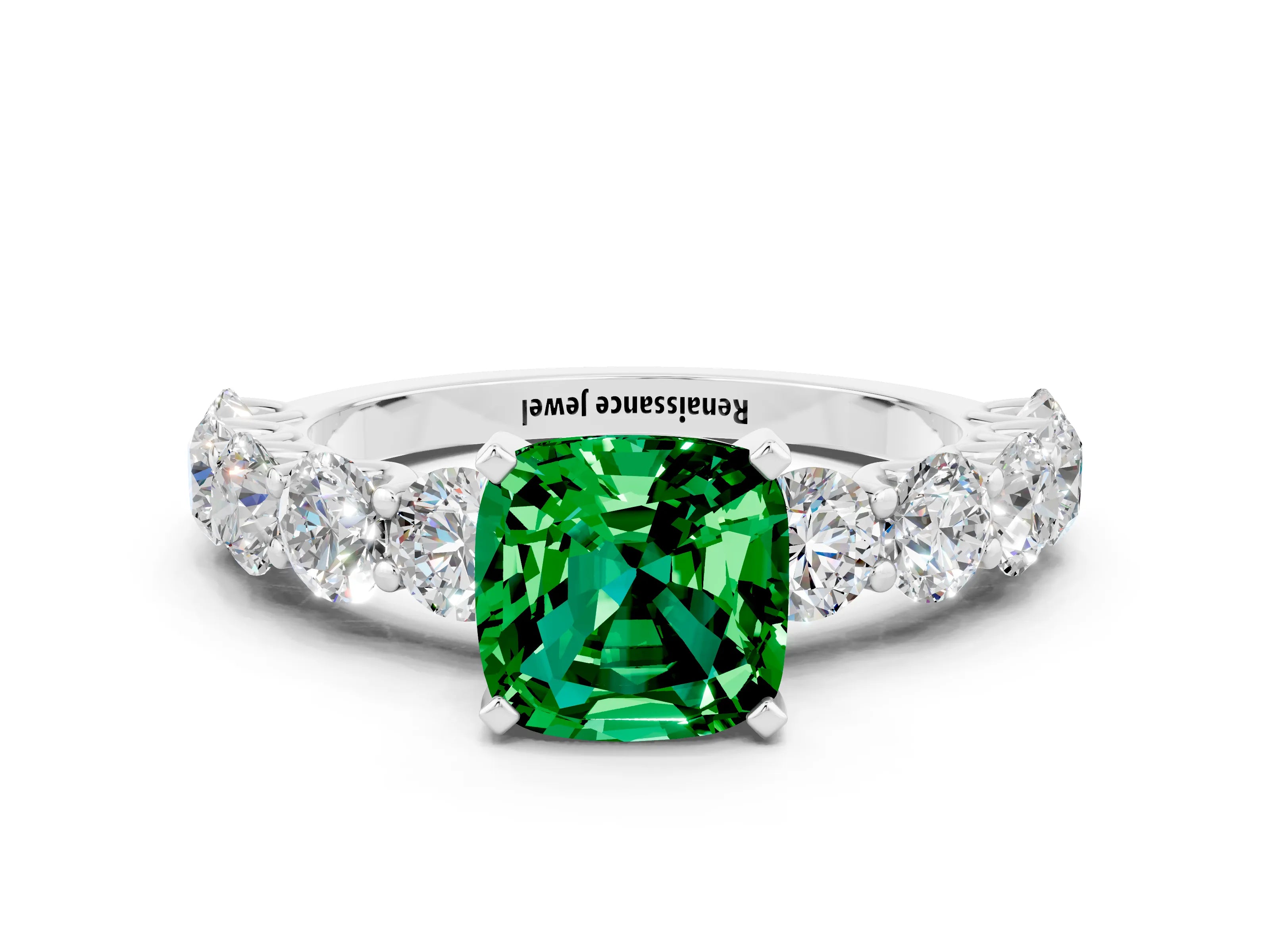 White gold Cushion Cut Emerald Prong Setting with Side Stones on a Pave Band