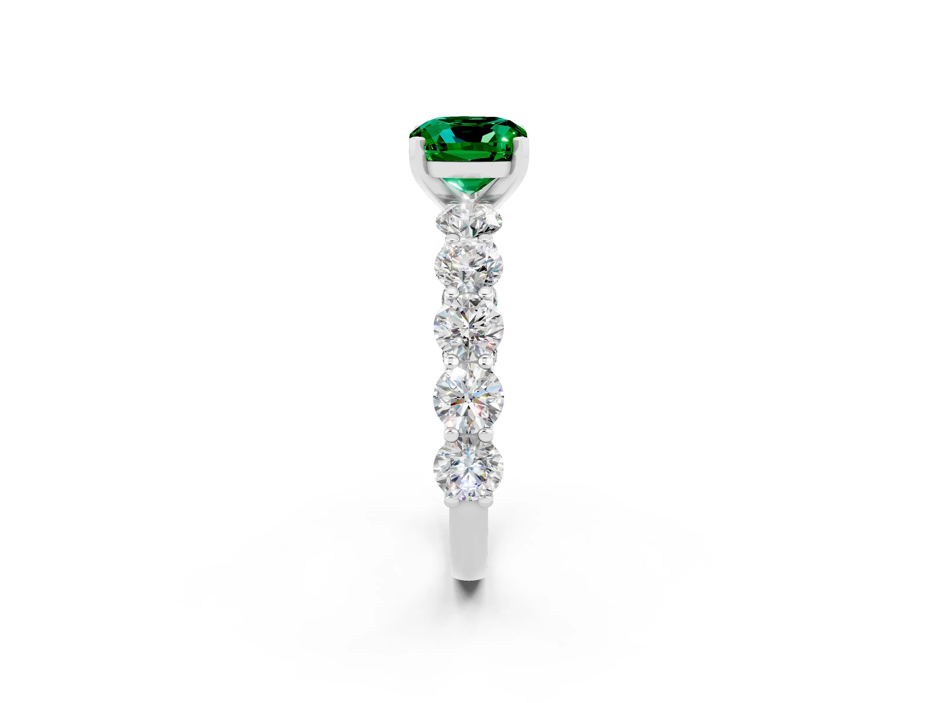 White gold Cushion Cut Emerald Prong Setting with Side Stones on a Pave Band_2
