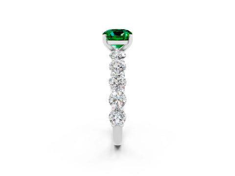White gold Cushion Cut Emerald Prong Setting with Side Stones on a Pave Band_2