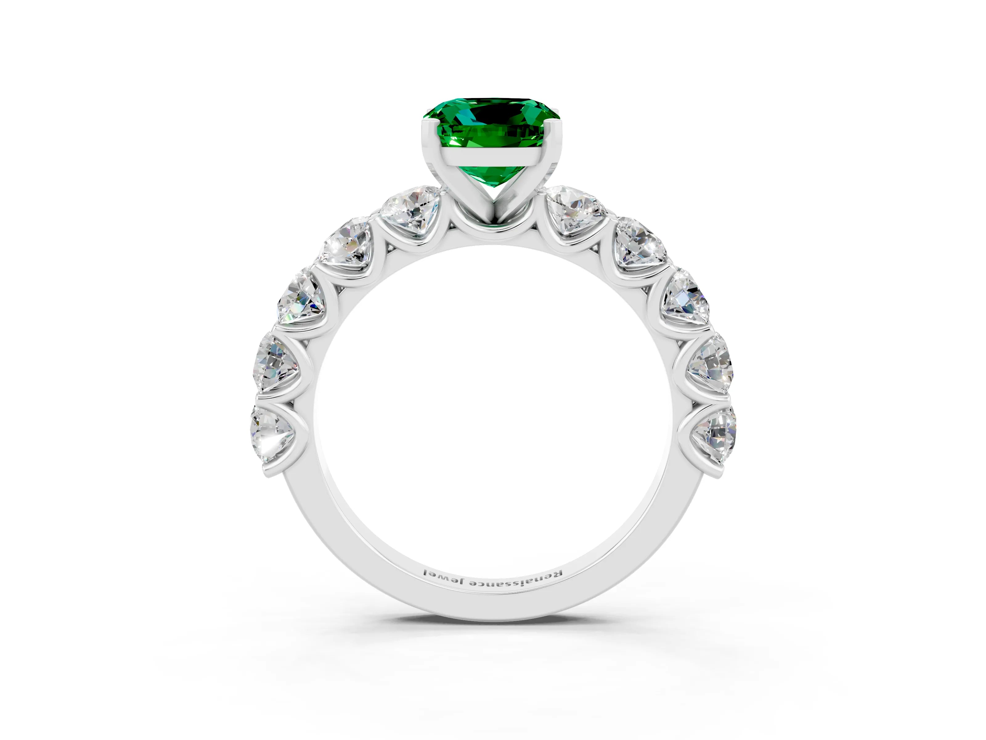 White gold Cushion Cut Emerald Prong Setting with Side Stones on a Pave Band_3