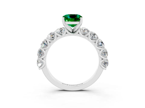White gold Cushion Cut Emerald Prong Setting with Side Stones on a Pave Band_3
