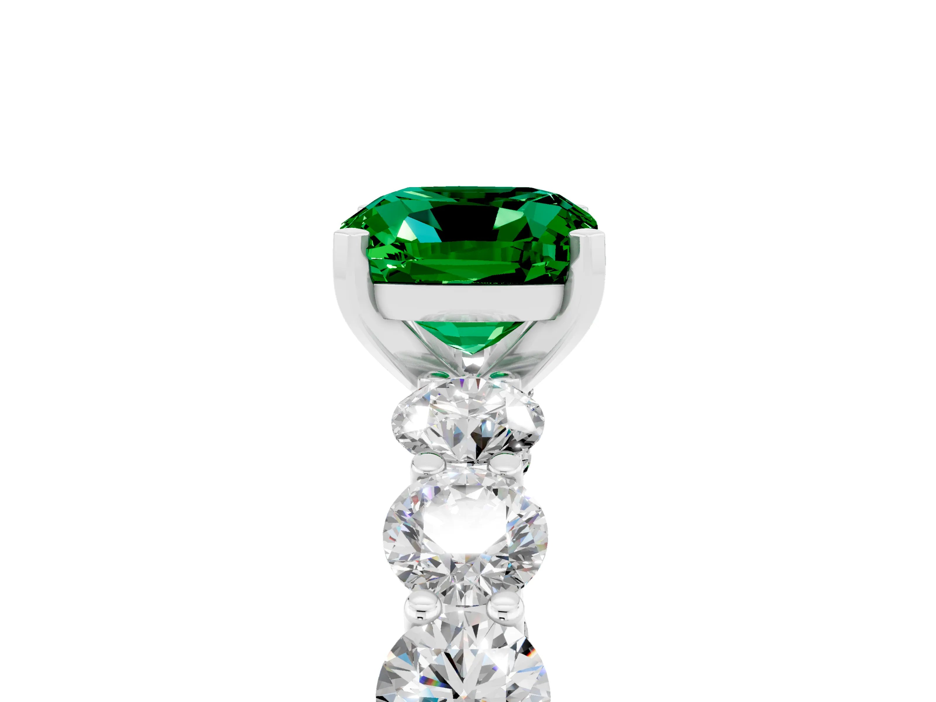 White gold Cushion Cut Emerald Prong Setting with Side Stones on a Pave Band_5