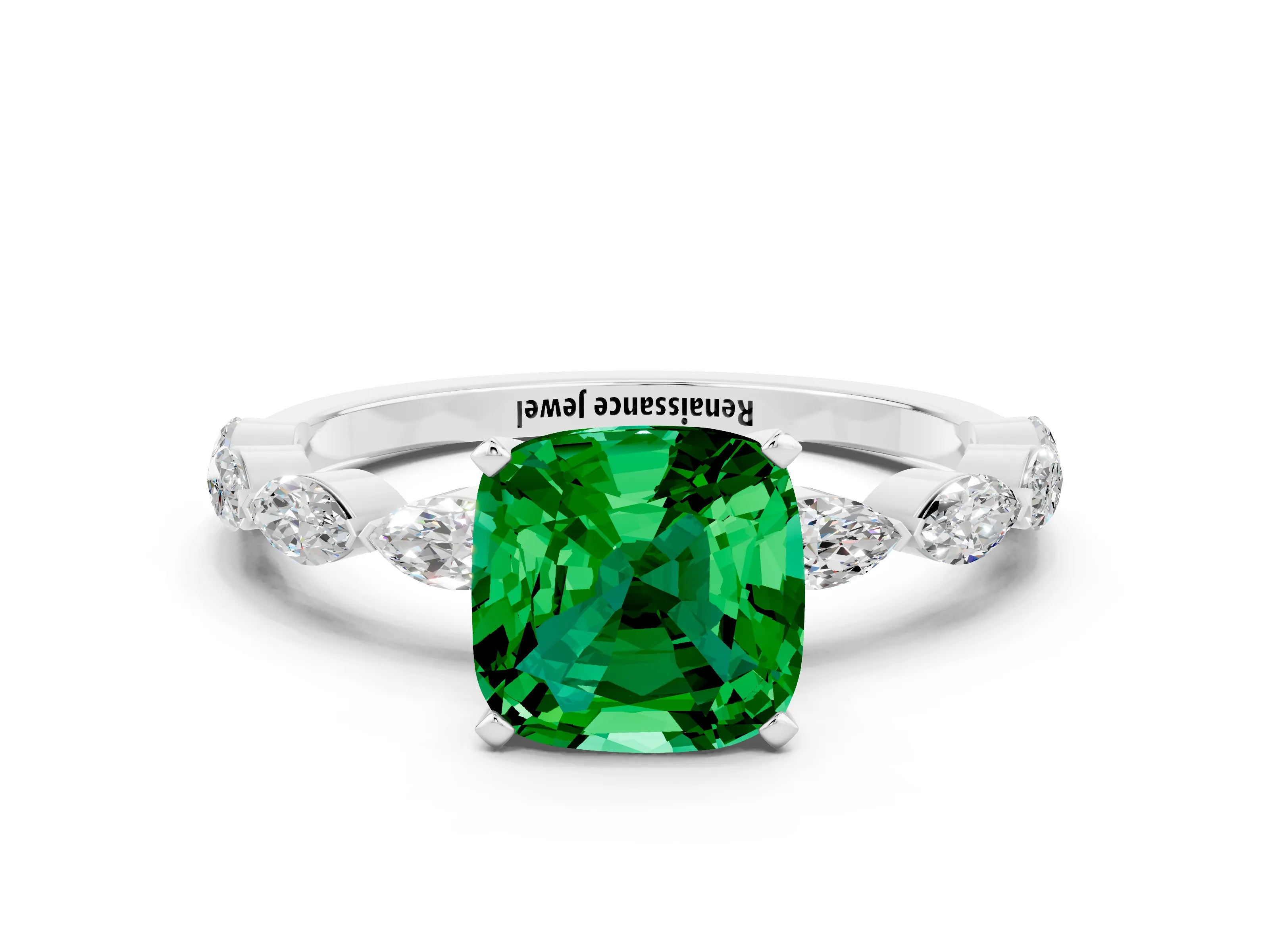 White gold Cushion Cut Emerald Ring with Marquise Side Stones and Prong Setting