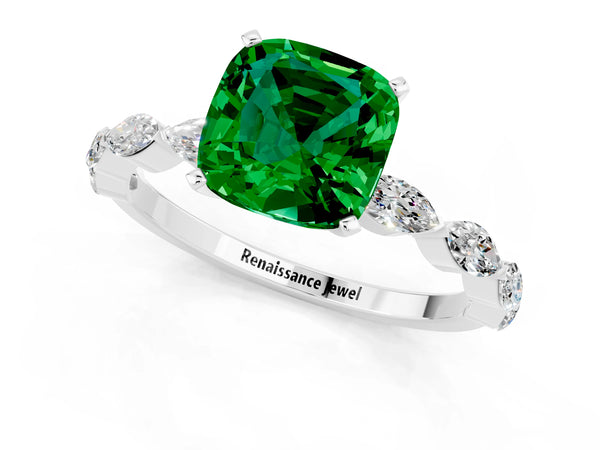 White gold Cushion Cut Emerald Ring with Marquise Side Stones and Prong Setting