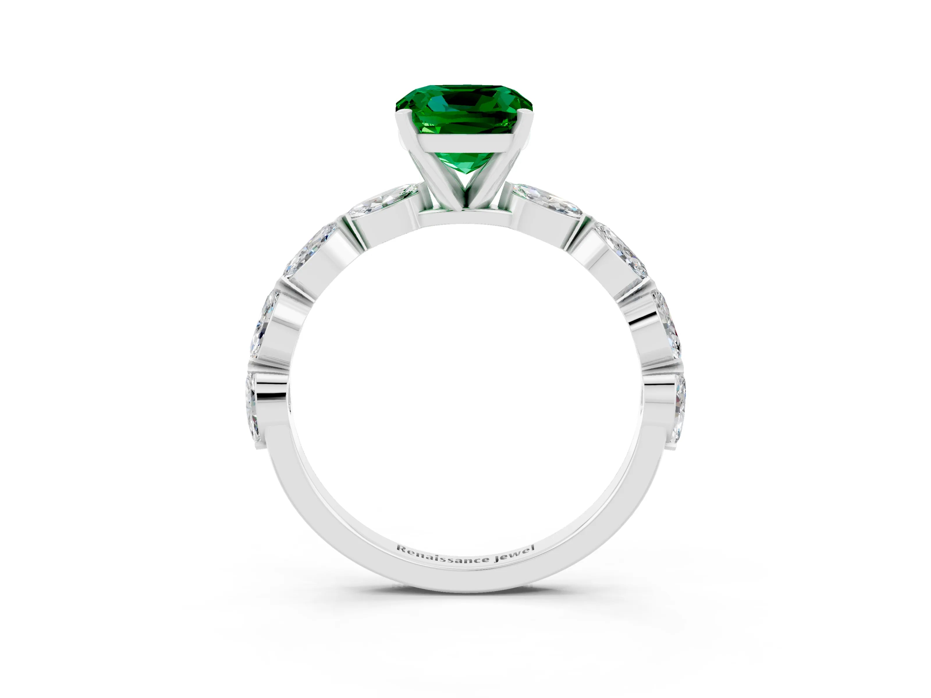 White gold Cushion Cut Emerald Ring with Marquise Side Stones and Prong Setting_3