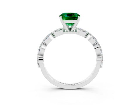 White gold Cushion Cut Emerald Ring with Marquise Side Stones and Prong Setting_3