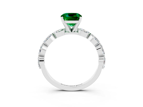 White gold Cushion Cut Emerald Ring with Marquise Side Stones and Prong Setting
