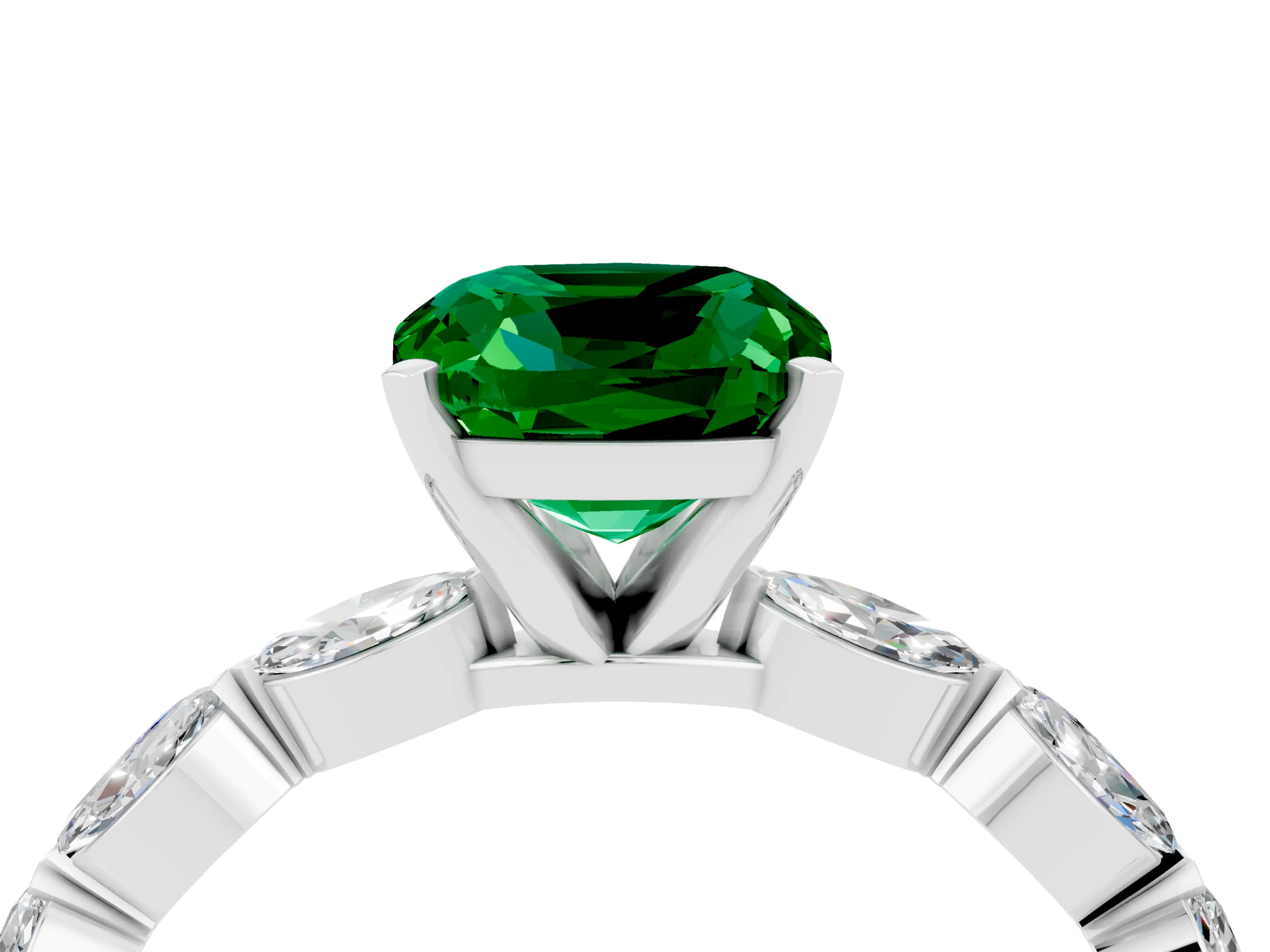 White gold Cushion Cut Emerald Ring with Marquise Side Stones and Prong Setting_4