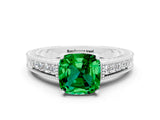 White gold Cushion Cut Emerald Ring with Milgrain Pavé Band and Four-Prong Setting_12