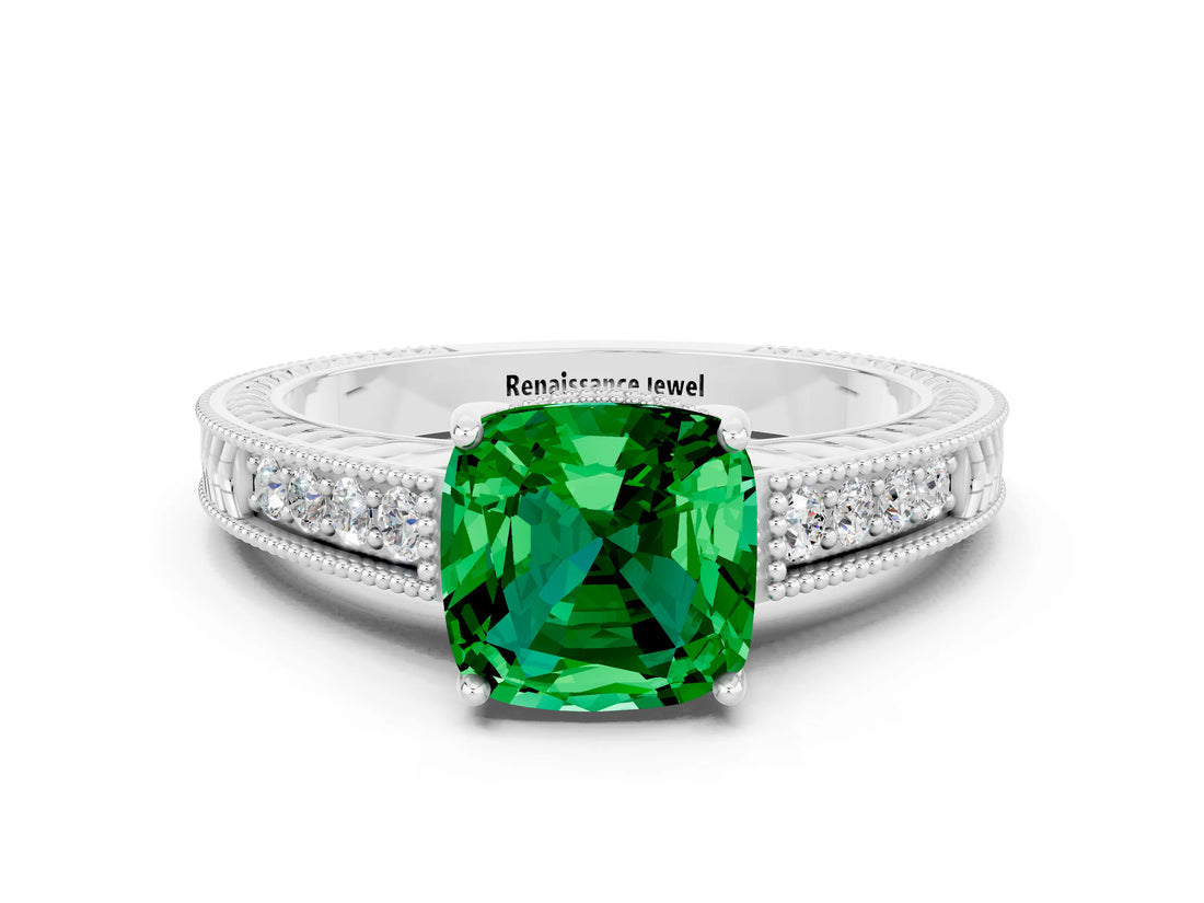 White gold Cushion Cut Emerald Ring with Milgrain Pavé Band and Four-Prong Setting_12