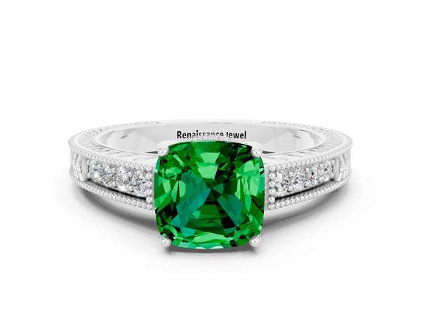 Silver Cushion Cut Emerald Ring with Milgrain Pavé Band and Four-Prong Setting