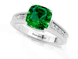 White gold Cushion Cut Emerald Ring with Milgrain Pavé Band and Four-Prong Setting_13