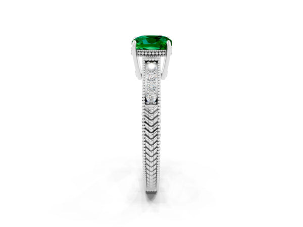 White gold Cushion Cut Emerald Ring with Milgrain Pavé Band and Four-Prong Setting