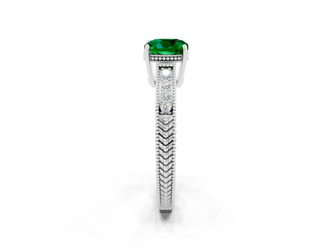 White gold Cushion Cut Emerald Ring with Milgrain Pavé Band and Four-Prong Setting_14