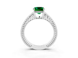 White gold Cushion Cut Emerald Ring with Milgrain Pavé Band and Four-Prong Setting_15