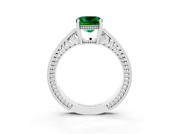 Platinum Cushion Cut Emerald Ring with Milgrain Pavé Band and Four-Prong Setting