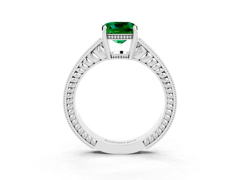 White gold Cushion Cut Emerald Ring with Milgrain Pavé Band and Four-Prong Setting_15