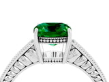 White gold Cushion Cut Emerald Ring with Milgrain Pavé Band and Four-Prong Setting_16