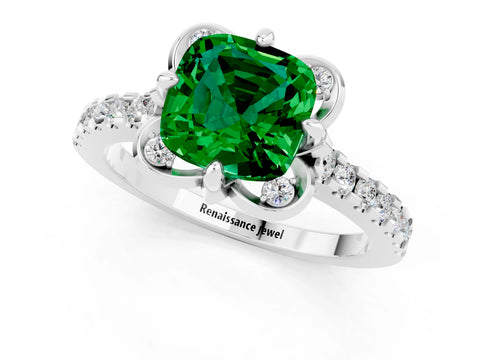 White gold Cushion Cut Emerald Ring with Pavé Band and Floral Prong Setting_1
