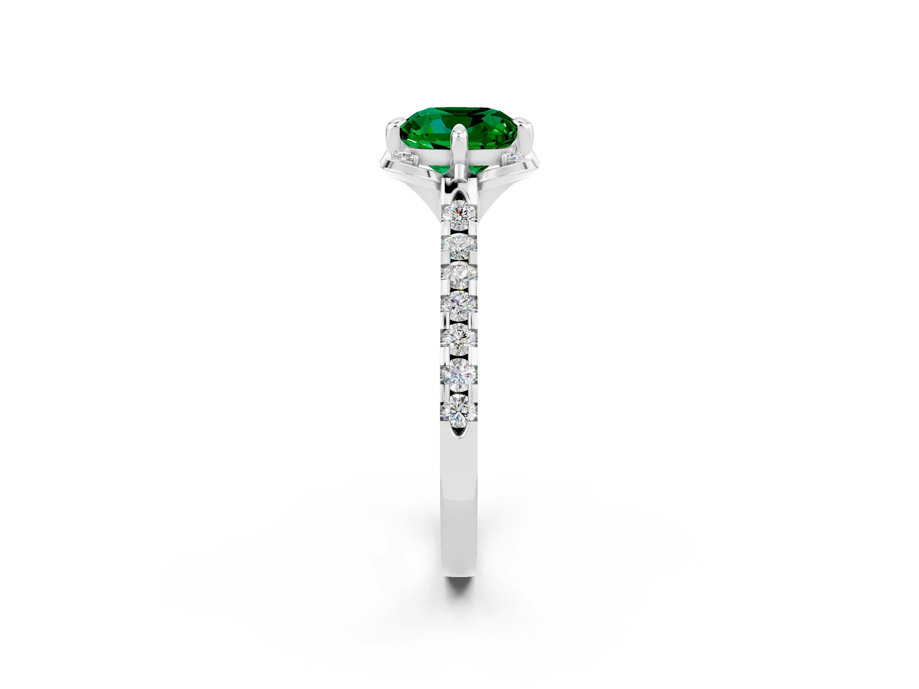 White gold Cushion Cut Emerald Ring with Pavé Band and Floral Prong Setting_2