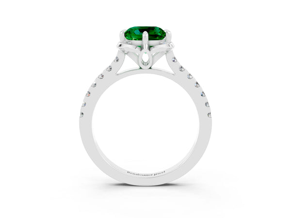 Platinum Cushion Cut Emerald Ring with Pavé Band and Floral Prong Setting