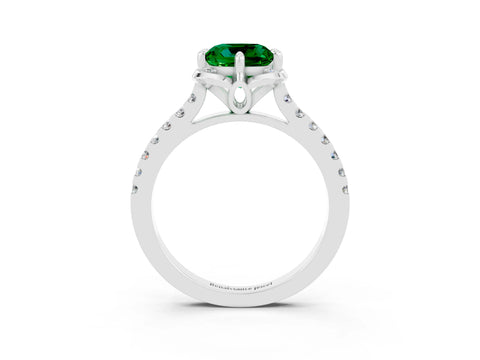 White gold Cushion Cut Emerald Ring with Pavé Band and Floral Prong Setting_3