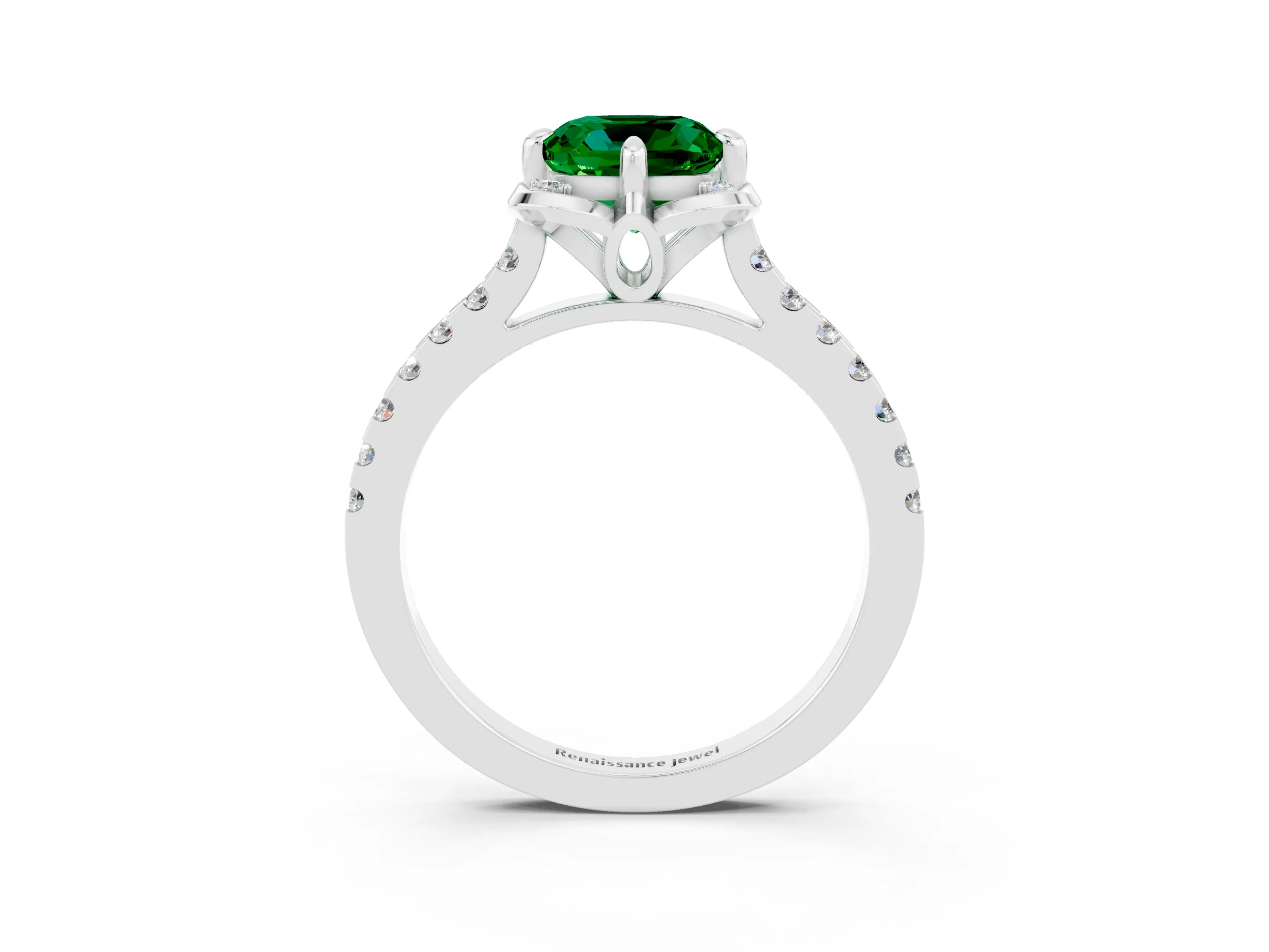 White gold Cushion Cut Emerald Ring with Pavé Band and Floral Prong Setting_3