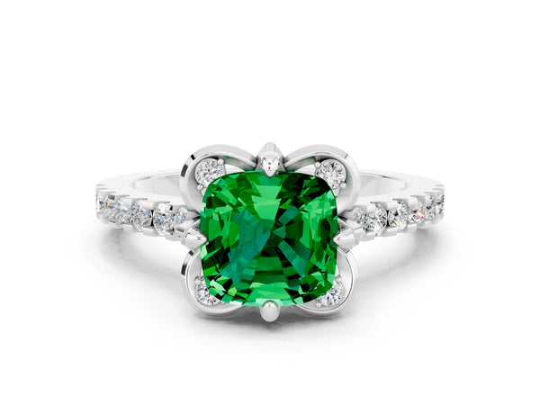Silver Cushion Cut Emerald Ring with Pavé Band and Floral Prong Setting