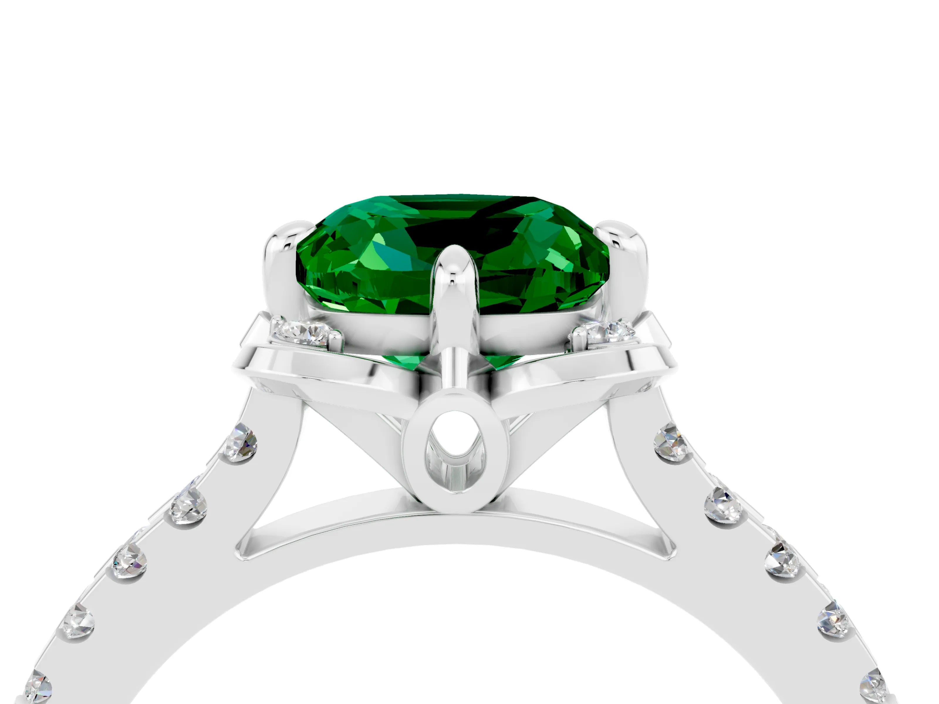 White gold Cushion Cut Emerald Ring with Pavé Band and Floral Prong Setting_4