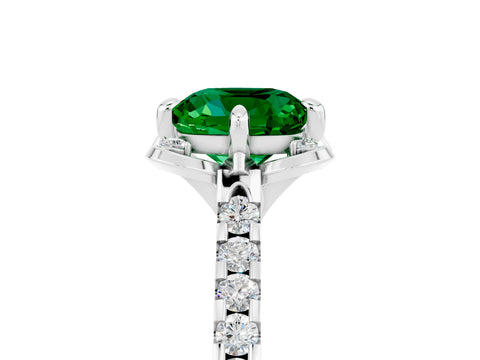 White gold Cushion Cut Emerald Ring with Pavé Band and Floral Prong Setting_5