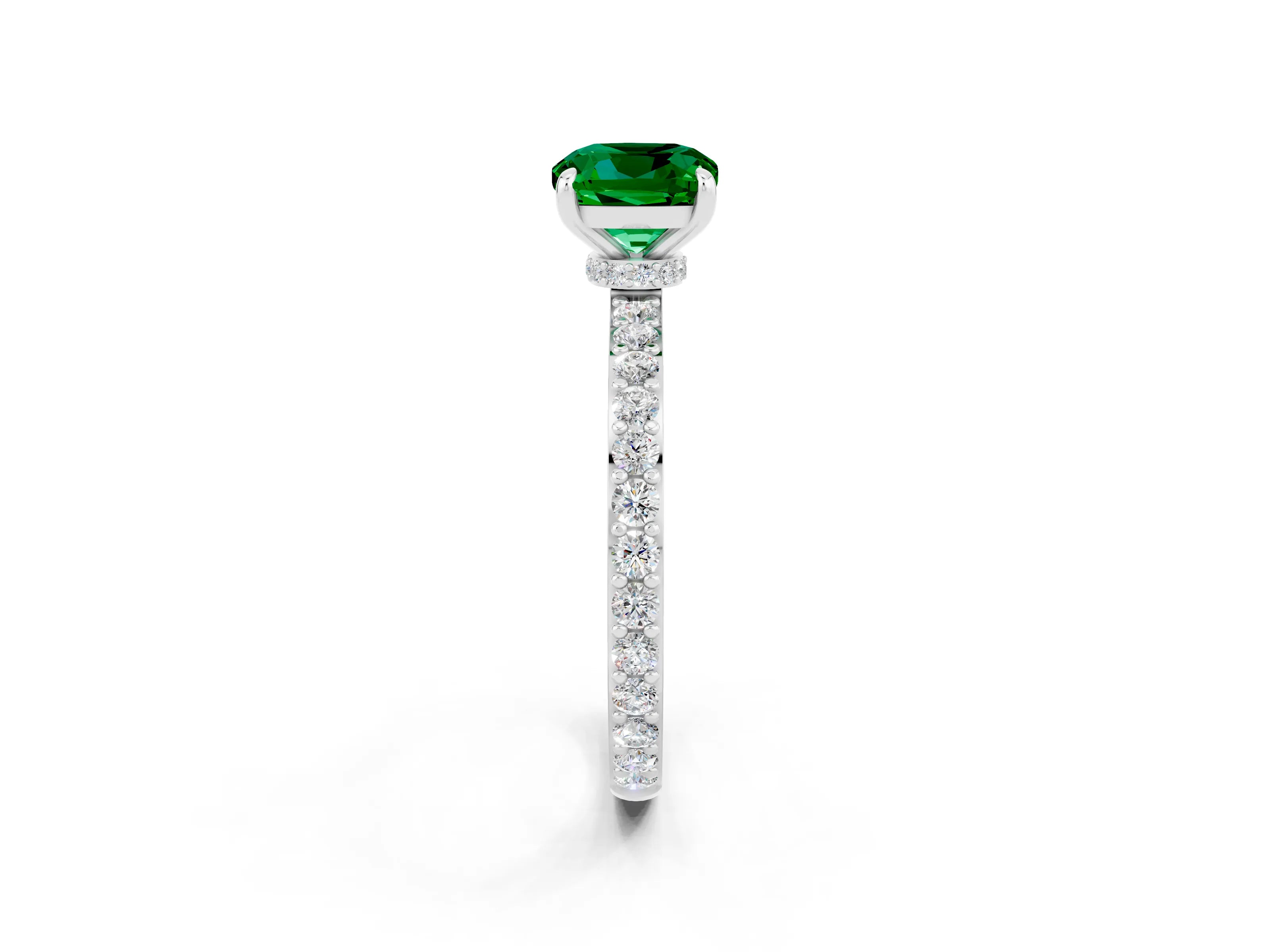 White gold Cushion Cut Emerald Ring with Pavé Band and Four-Prong Setting_2
