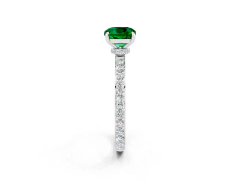 White gold Cushion Cut Emerald Ring with Pavé Band and Four-Prong Setting_2