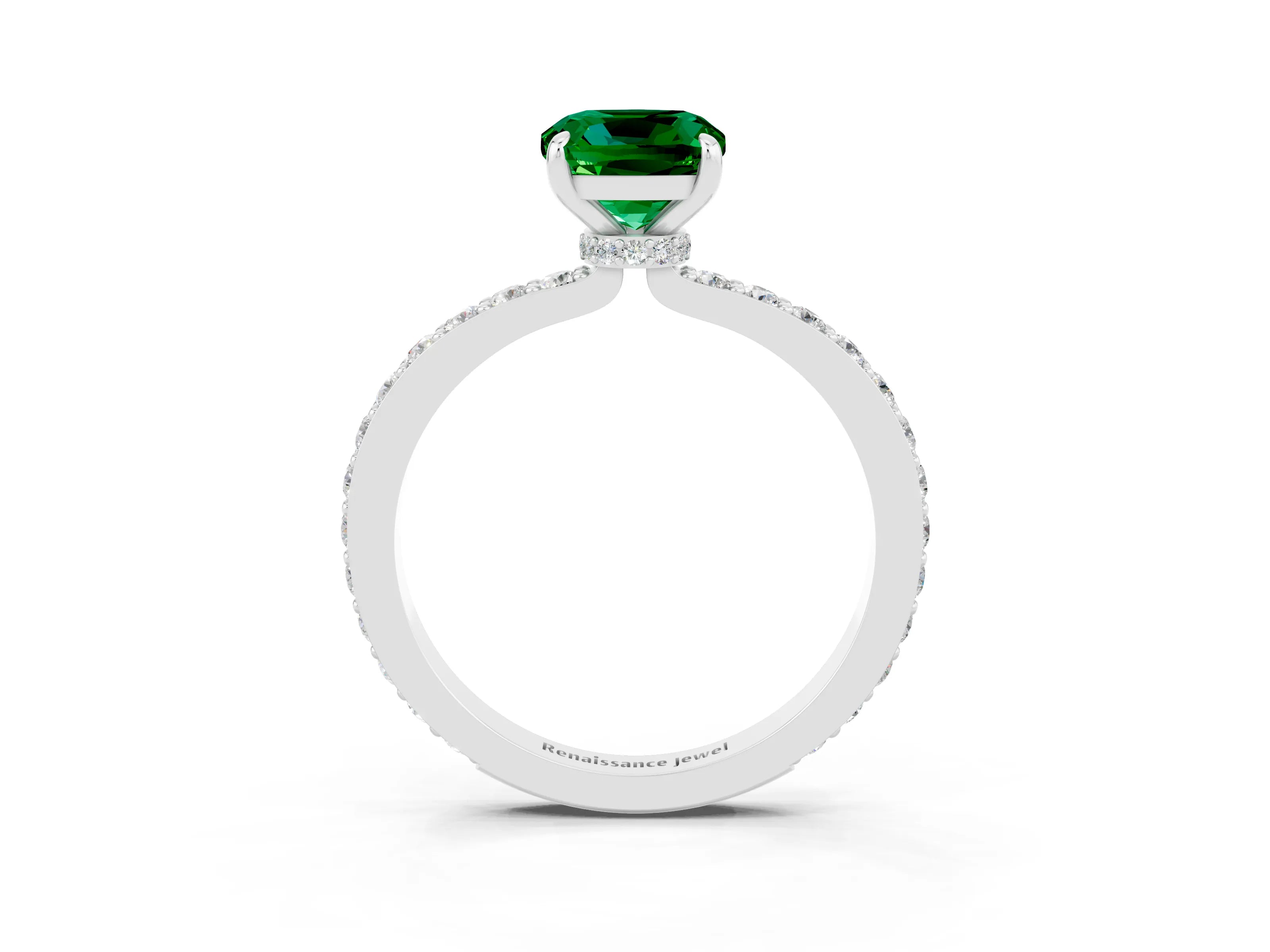 White gold Cushion Cut Emerald Ring with Pavé Band and Four-Prong Setting_3