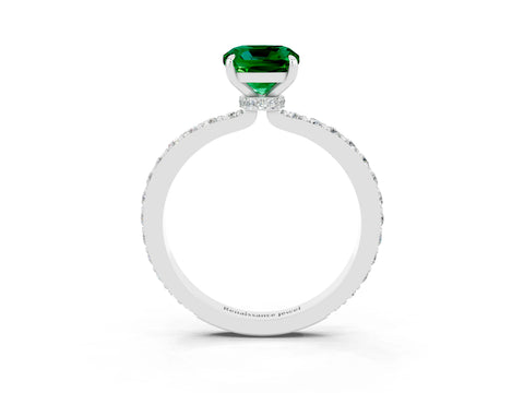 White gold Cushion Cut Emerald Ring with Pavé Band and Four-Prong Setting_3
