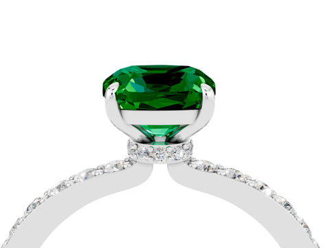 White gold Cushion Cut Emerald Ring with Pavé Band and Four-Prong Setting_4