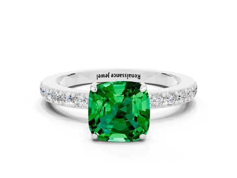 White gold Cushion Cut Emerald Ring with Pavé Band and Four-Prong Setting