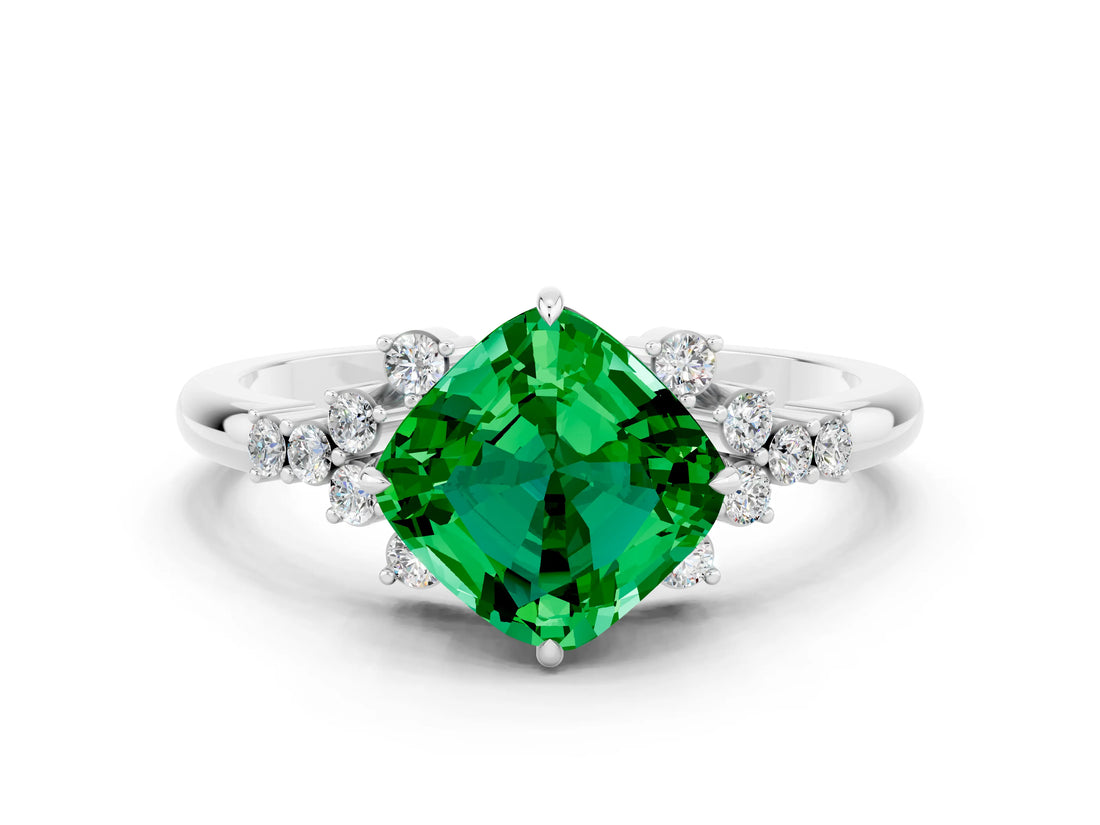 White gold Cushion Cut Emerald Ring with Side Stones and Four-Prong Setting_36