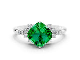 White gold Cushion Cut Emerald Ring with Side Stones and Four-Prong Setting_36