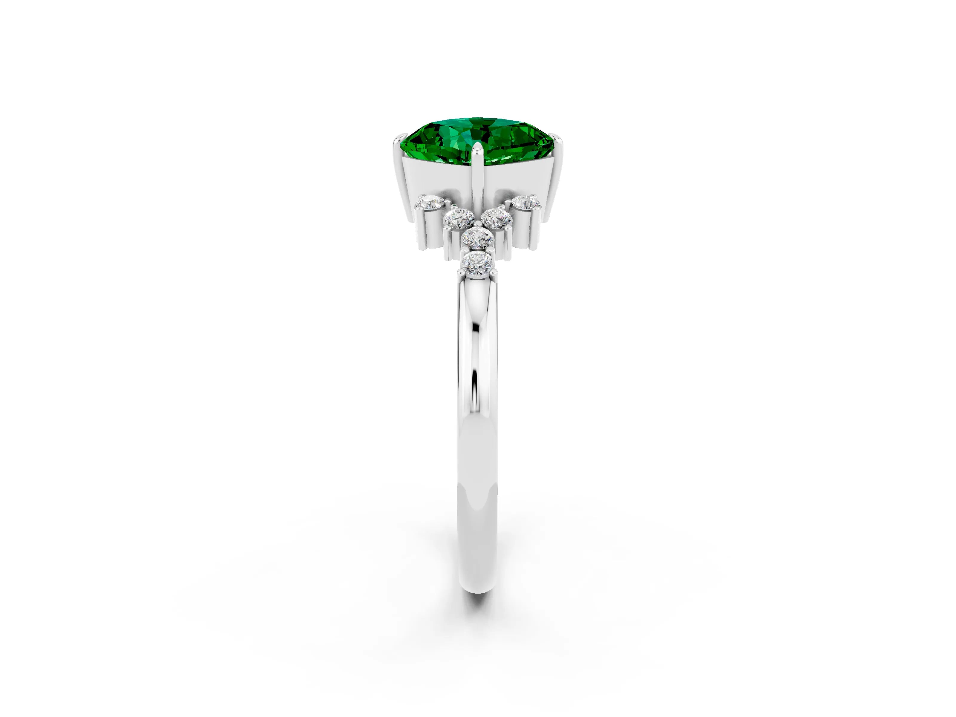 White gold Cushion Cut Emerald Ring with Side Stones and Four-Prong Setting_38