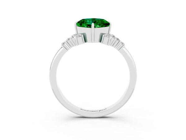 Platinum Cushion Cut Emerald Ring with Side Stones and Four-Prong Setting