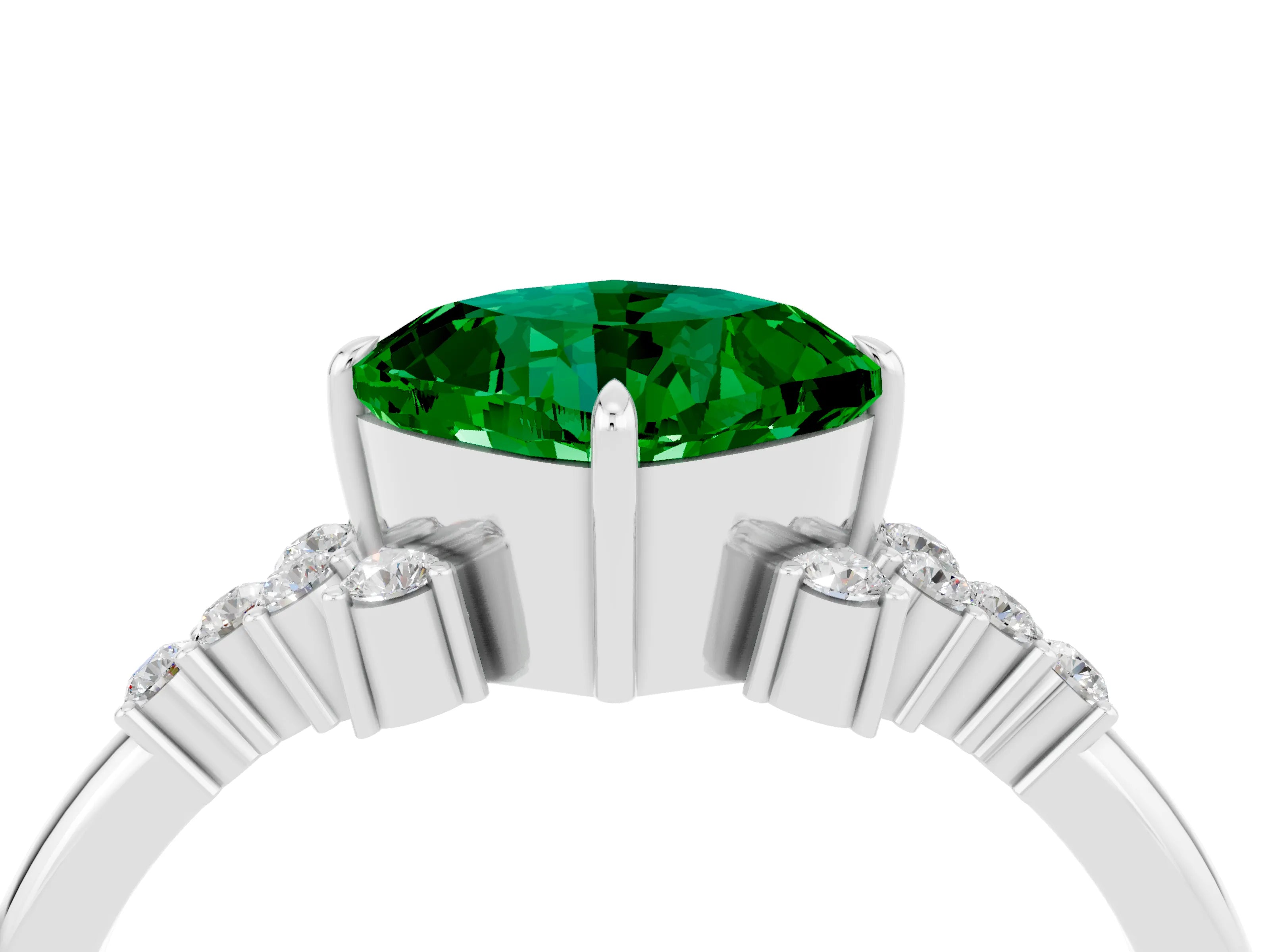 White gold Cushion Cut Emerald Ring with Side Stones and Four-Prong Setting_40