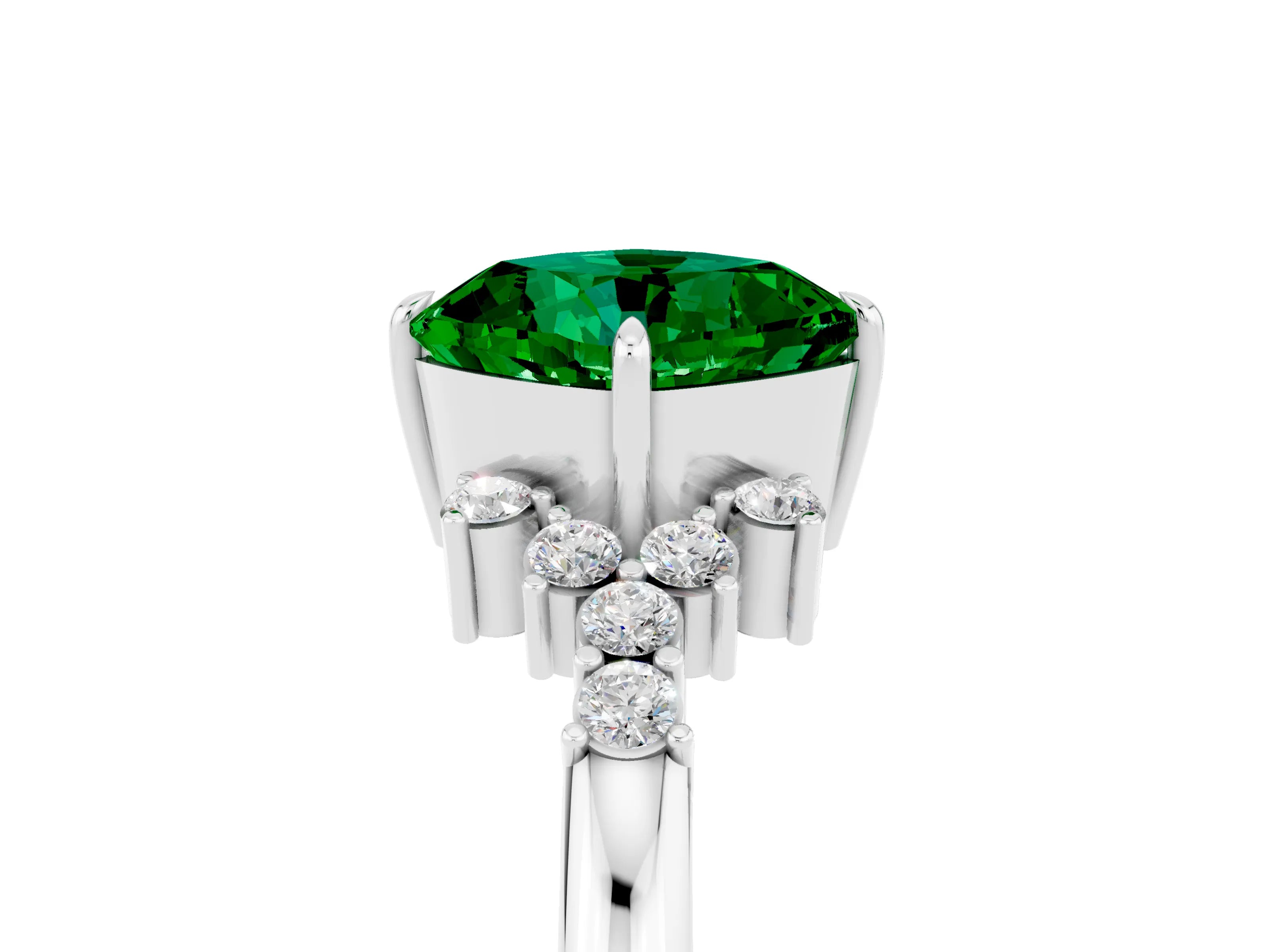 White gold Cushion Cut Emerald Ring with Side Stones and Four-Prong Setting_41
