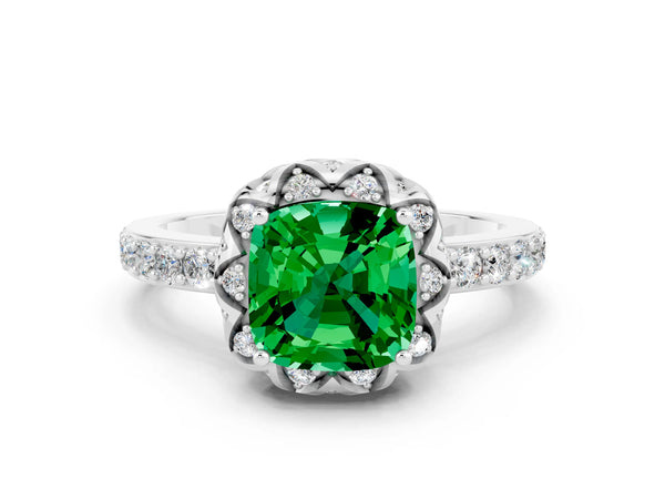 Platinum Cushion Cut Emerald Scalloped Halo Engagement Ring with Round Shared Prong Band