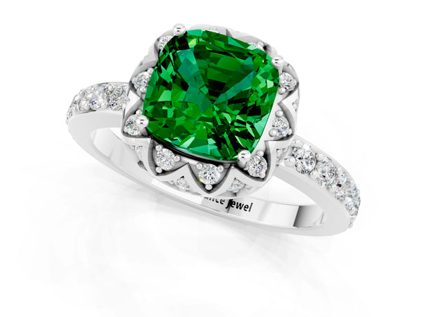 Platinum Cushion Cut Emerald Scalloped Halo Engagement Ring with Round Shared Prong Band