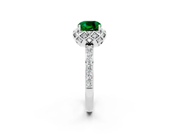 Platinum Cushion Cut Emerald Scalloped Halo Engagement Ring with Round Shared Prong Band