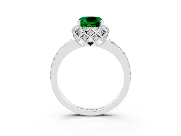 Platinum Cushion Cut Emerald Scalloped Halo Engagement Ring with Round Shared Prong Band