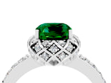 White gold Cushion Cut Emerald Scalloped Halo Engagement Ring with Round Shared Prong Band_52