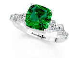 White gold Cushion Cut Emerald Scattered Round Accent Ring with Prong Setting_37